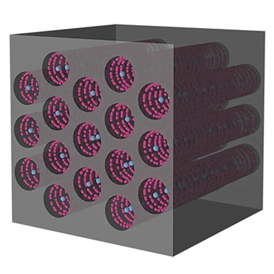 A diagram of helium atoms moving through a 1-D pipe coated with argon.