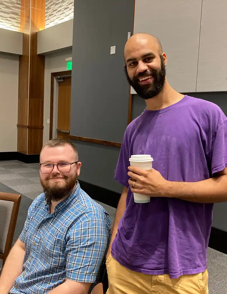 A photo of two grad students at the Department of Physics grad student welcome lunch