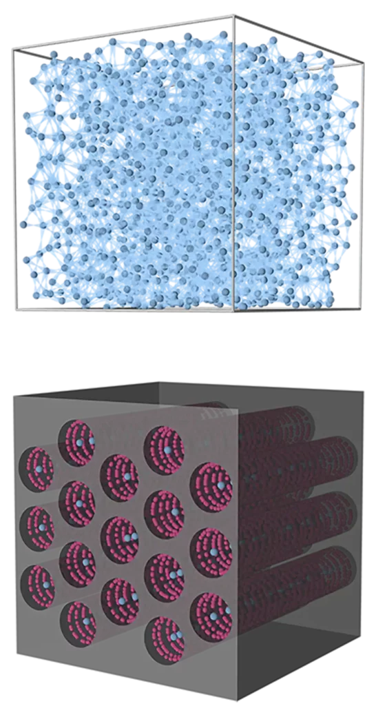 Conceptual image of strongly interacting helium atoms (top)
and helium atoms moving through a 1-D pipe coated with argon.