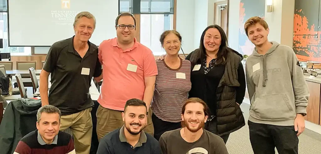 A photo of a gathering of faculty, students, and post-docs for the Fall Hispanics in Physics lunch