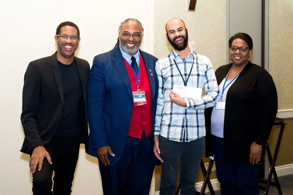 Hakeem Oluseyi, NSBP President; Bryan Kent Wallace, NSBP Treasurer; Awardee Jesse Harris; and Elaine Lalanne, NSBP Past-Treasurer. (Photo credit: National Society of Black Physicists)