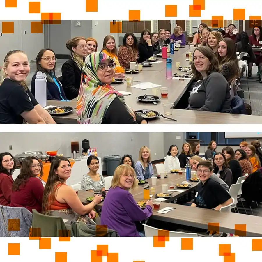 Women dining: a collage photo from the Women in Physics luncheon