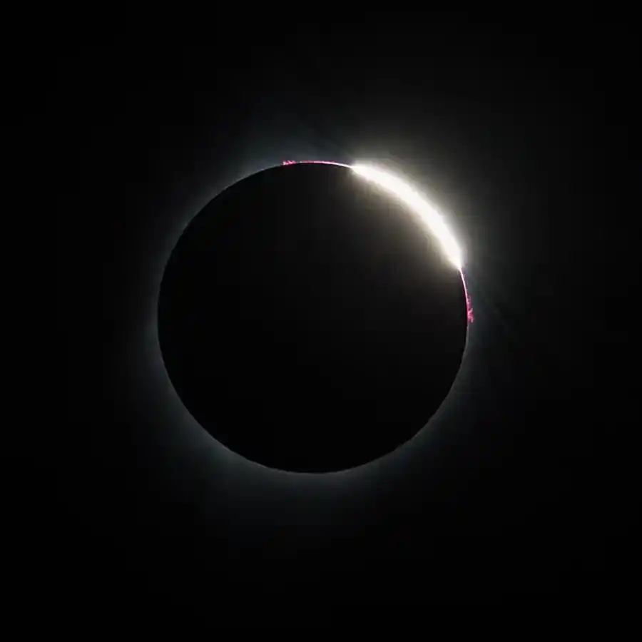 Solar prominences appear as pink features rising from the edges of the eclipsed Sun during a total solar eclipse. Credit: NASA/Aubrey Gemignani