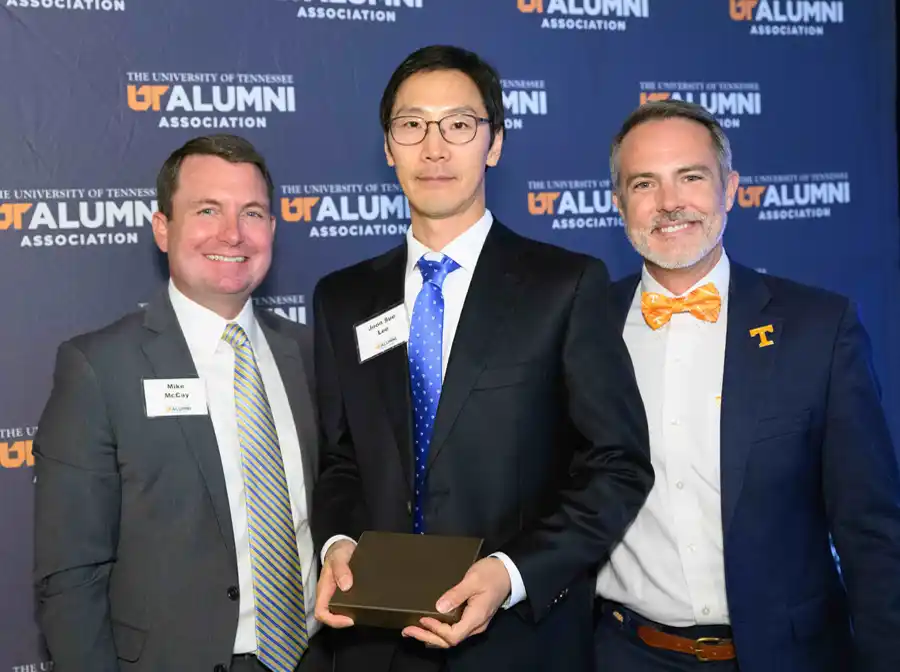 Joon Sue Lee with Mike McKay and Brian Winbigler at UTAA Faculty Awards Ceremony