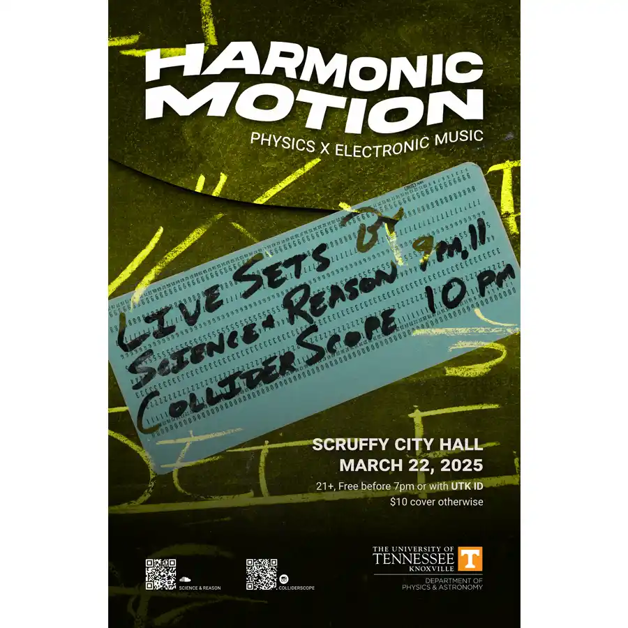 Poster for Harmonic Motion: physics x electronic music (March 22, 2025)