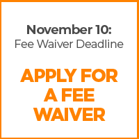 A button to apply for a fee waiver for the UT graduate school application, through the physics department. Text for fee waiver deadline of November 10.