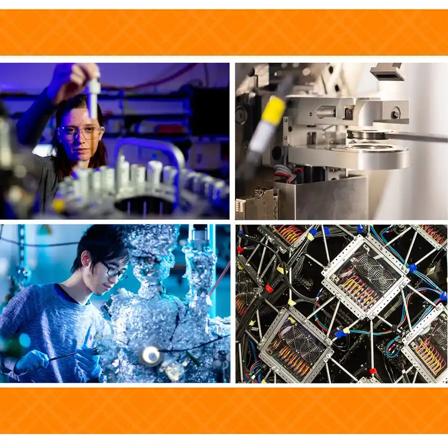 A gallery of images from UT's Center for Advanced Materials and Manufacturing, including two people working in labs