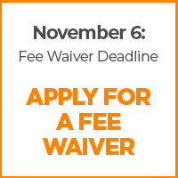 A button to apply for a fee waiver for the UT graduate school application, through the physics department. Text for fee waiver deadline of November 6.