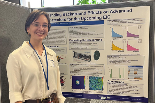 A photo of Amelia Sandoval with a poster presenting her SULI research